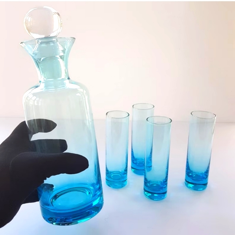 Vintage Pale Blue Glass Decanter Set with 4 Shot Glasses - Clear Stopper Barware